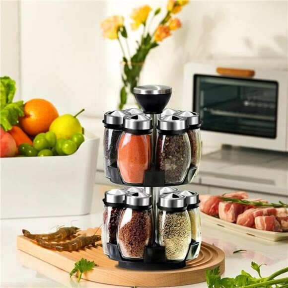 revolving spice rack organizer with 12 glass jars rotating countertop kitchen st - Picture 2 of 7